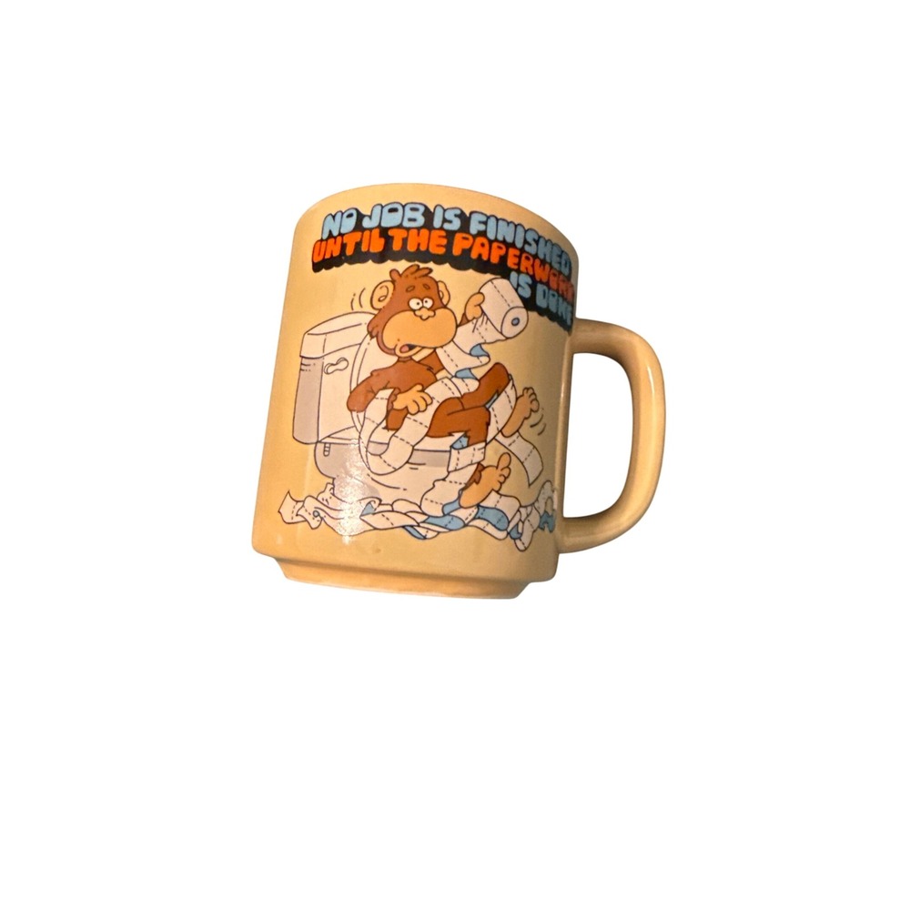 Vintage 1985 CM Paula Co Monkey Toilet Funny Paperwork Ceramic Coffee Mug 10 oz